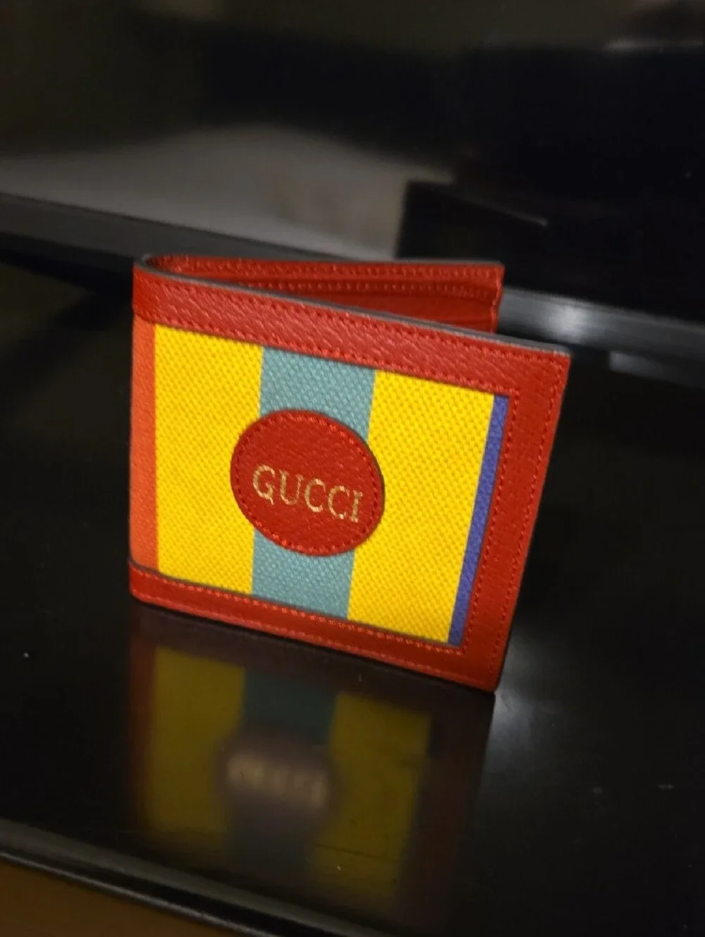 Gucci Red Yellow Green Stripe Canvas Bi-Fold Wallet